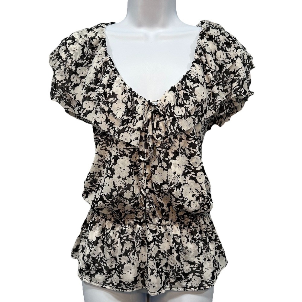 White House Black Market Sleeveless Blouse Womens Medium White Blck Ruffle Sheer